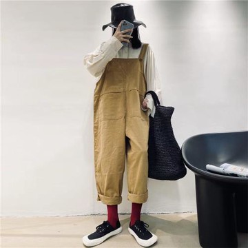 新蕊秋季新款背帶褲可調節純色百搭減齡時尚氣質寬松大碼通勤長褲