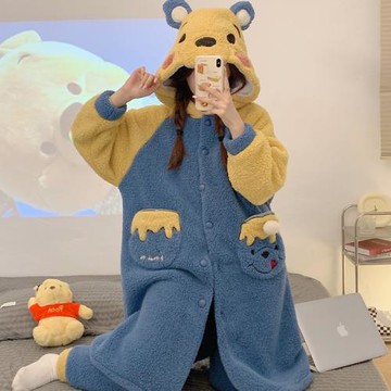 珊瑚絨睡衣冬季女款帶帽熊長款睡袍秋冬款加絨加厚法蘭絨可外穿
