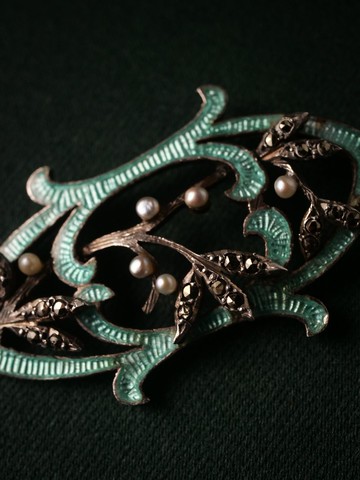 1900s 法國 浮雕琺瑯白鐵礦與珍珠純銀吊墜