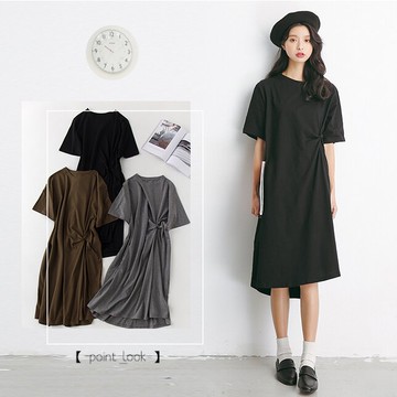 連身裙圓領寬鬆短袖不規則T恤長款素色上衣
