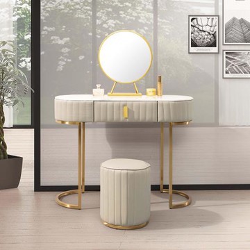 Boden-康絲坦3.3尺現代風石面皮革化妝桌/鏡台/梳妝台(附化妝椅及亮燈功能桌上鏡)