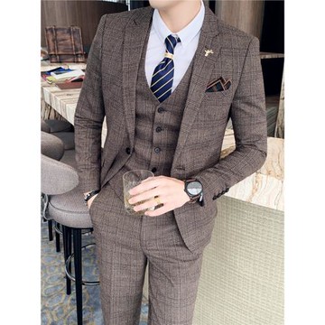 結婚禮服男士修身格子三件套男士休閑西裝男韓版潮流新郎西服套裝