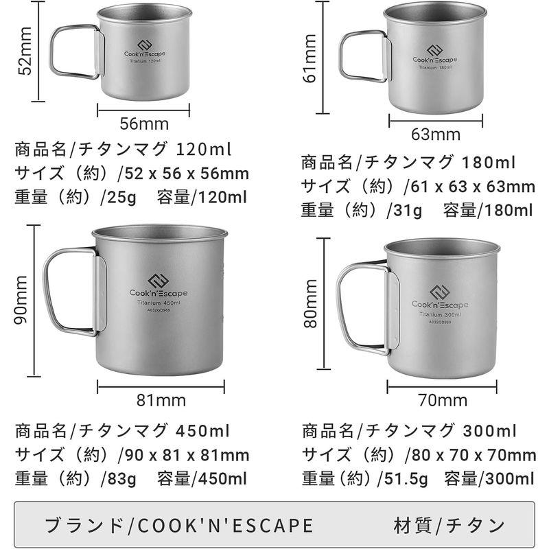 COOK N ESCAPE チタンマグ スタッキング コーヒーカップセット 120ml 180ml 折りたたみ取っ手 軽量 直火 収納袋付き