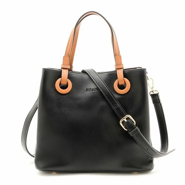 FIRANO- BLACK 壓印LOGO皮革三層手提斜背包/黑x褐提把