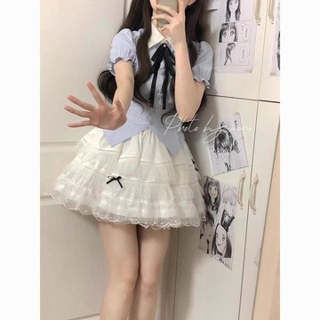 9235 名消費常客💰韓系甜美減齡小清新撞色POLO領襯衣高腰設計感蓬蓬裙套裝裙夏季女Y6SQ