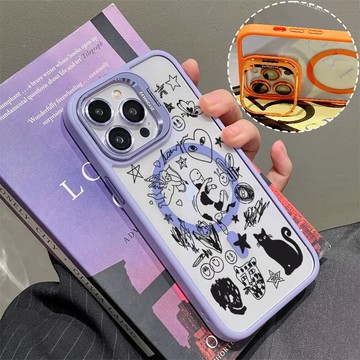 黑塗鴉貓咪 磁吸手機殼 金屬鏡頭支架 保護殼 適用於iPhone 17 16 15 14 13 12 11 Max防摔殼