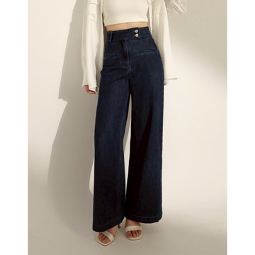 CHIC A SPACE 復古寬腰雙釦丹寧寬褲(深藍/淺藍) 女裝 現貨 氣質 高級感