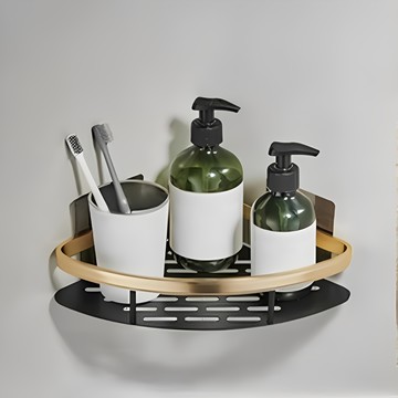 費歐家 浴室瀝水免打孔牆上置物架 太空鋁三角 384g  金色 + 黑色  1個  28.5 x 22 x 5.5cm