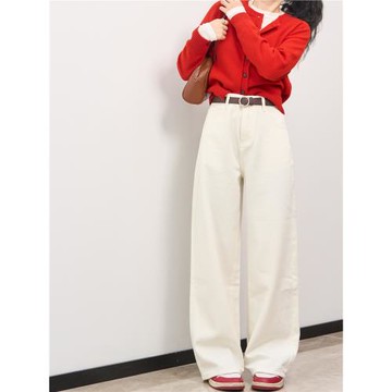 米白加絨闊腿牛仔褲女秋冬高腰顯瘦梨形身材小個子垂感寬松直筒褲