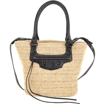 BALENCIAGA 巴黎世家 Le City 小型 拉菲草編織拼小羊皮手提 斜背托特包(卡其色)