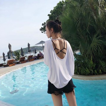 【五折】性感短袖露背T恤女寬松設計感小心機白色上衣潮夏季