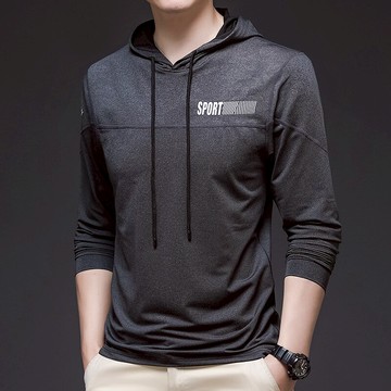 男士長袖T恤春秋季薄款連帽衫冰絲衛衣休閑運動裝上衣服彈力簡約