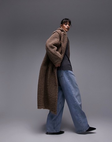 Topshop fluffy long-line borg coat in brown