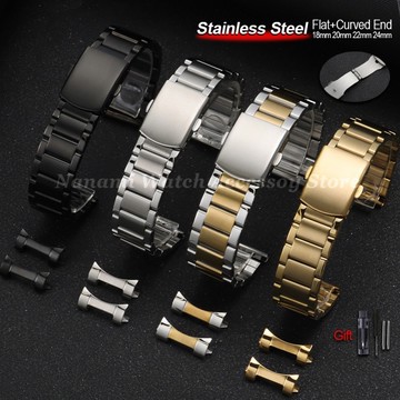 3 珠不銹鋼錶帶 18 毫米 20 毫米 22 毫米 24 毫米扁平彎曲末端通用金屬折疊扣錶帶男士女士手鍊腕帶