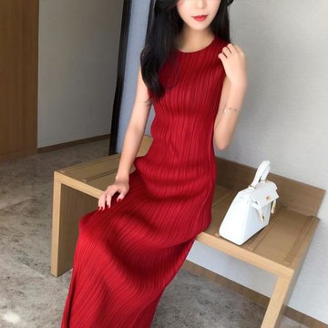 2025夏季褶皺背心裙無袖連衣裙小個子女生顯瘦寬松過膝長裙三II宅