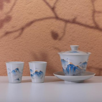 2025年新品千里江山三才蓋碗典雅灰高級泡茶碗功夫茶中式仿古茶具