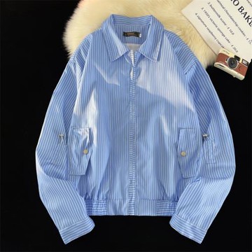 新款雙層設計感小眾條紋襯衫男寬松2024夏季墊肩休閑短款夾克外套