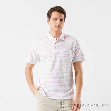 【ROBERTA 諾貝達】男裝 短袖粉條紋純棉POLO衫-白(高級精梳棉)