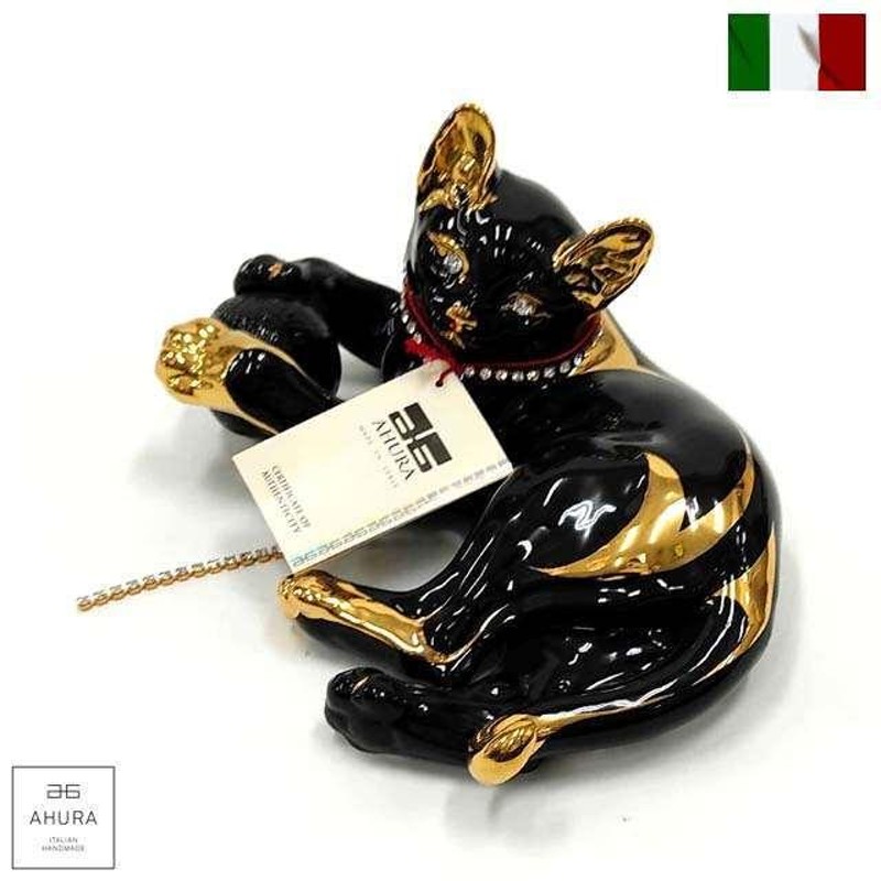 イタリア製 黒猫 置物 陶器 24金メッキ スワロフスキー インテリア