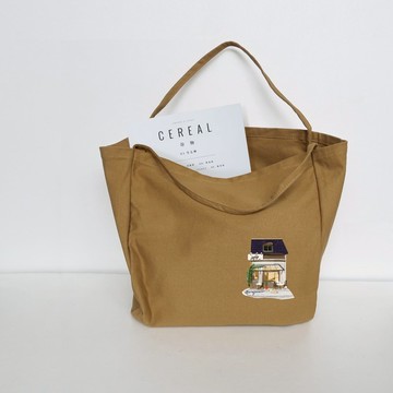 Bonjour 咖啡店 卡其色 大方口 帆布包