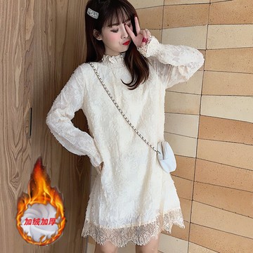 蕾絲加絨打底衫女秋冬季新款韓版百搭小個子中長款加厚保暖衫上衣