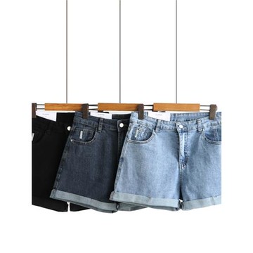 2023夏季女士新款復古港風高腰A字闊腿短褲胖MM大碼牛仔卷邊熱褲