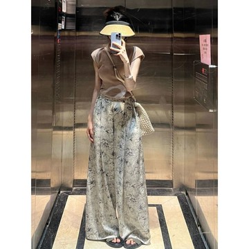 爆款直降價 休閒褲 女褲 夏季 長褲美式復古扎染印花休閒闊腿褲女春夏2024新款直筒寬鬆拖地長褲子潮