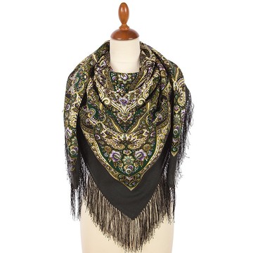 Pavlovo Posad 俄羅斯羊毛披肩 100% 羊毛圍巾 125x125 公分 絲綢流蘇 款式 1918-10