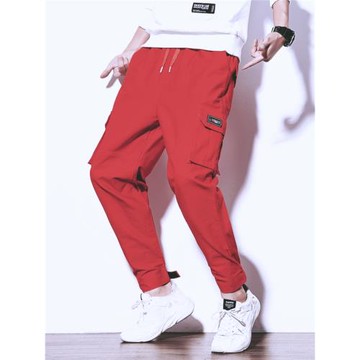 春秋工裝褲子本命年長褲男工作小腳紅色休閑褲潮流大紅街頭痞帥款