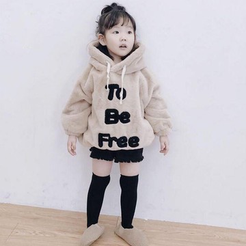 童裝中小童字母上衣秋冬女童寶寶時尚連帽毛絨兒童衛衣 潮1入