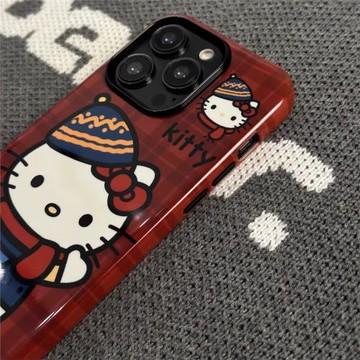 紅色格紋kt貓蘋果17/16ProMax手機殼iPhone14潮13/12/11菲林xr女15
