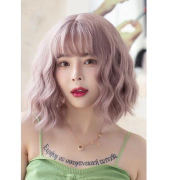 [台灣出貨附發票] 薄藤色 整頂假髮 假髮 空氣劉海 假髮女 wig 仿真 假髮女整頂 短假髮 短捲假髮 假頭髮 羊毛捲
