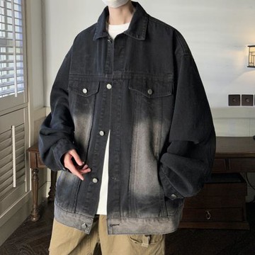 牛仔外套男春秋款水洗做舊美式潮牌復古工裝夾克休閑寬松翻領上衣