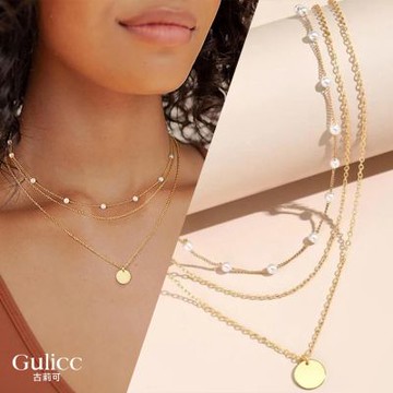 Gulicc 小金圓 多層次 珍珠 鎖骨鍊(飾品 項鍊 頸鍊 珍珠 鎖骨鍊 生日禮物 雙11 聖誕節)