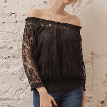 葉片蕾絲百搭兩穿上衣    黑