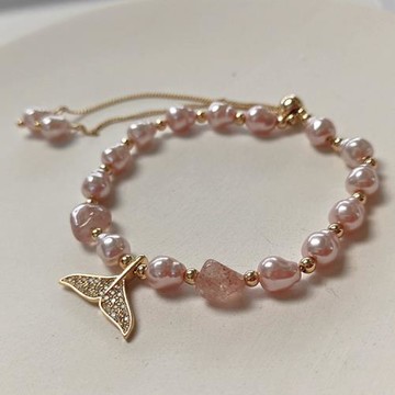 ANGEL 粉漾人魚珍珠水鑽串珠可調式手鍊(粉色)