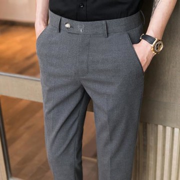 潮流垂感九分褲男士韓版小腳西褲長褲商務正裝休閑褲直筒修身刺繡