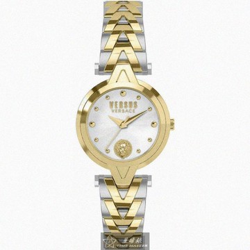 VERSUS VERSACE手錶，編號VV00377，30mm金色圓形精鋼錶殼，白色中三針顯示錶面，金銀相間精鋼錶帶款_廠商直送