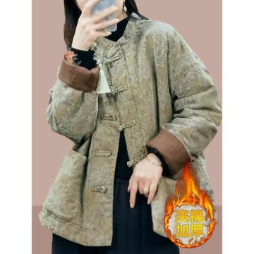 (免運)晉江夾棉加厚盤扣薄棉服女士冬季印花新中式國風棉衣中年媽媽外套