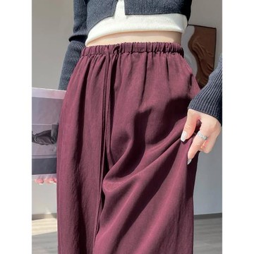 酒紅色松緊腰綁帶寬松闊腿褲女春秋2026新款小個子微喇直筒休閑褲