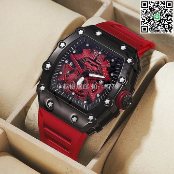 【卓越優選館】武士圖案機械風格男錶 夜光指針黑色紅色錶盤 時尚矽膠錶帶石英手錶