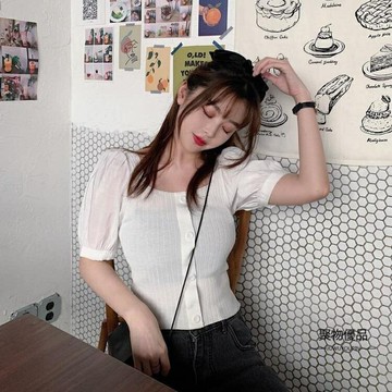 針織衫方領短袖女夏女裝法式復古上衣【聚物優品】