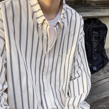 日係複古長袖襯衫男裝秋冬潮流韓版寬鬆百搭港風休閒條紋情侶襯衣 FT9A