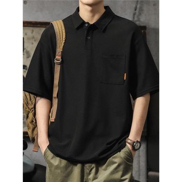 polo衫男2025新款黑色短袖美式休閑重磅翻領新款t恤寬松大碼半袖