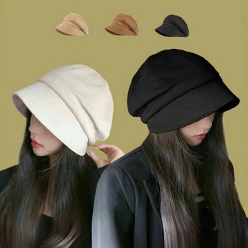 現貨-帽子女秋冬素顏百搭盆帽麂皮絨法式前長後短堆堆帽遮臉八角貝雷帽-FC26
