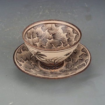 宋瓷器宋代吉州窯彩繪海水茶盞托盞杯盞仿古瓷器古董古玩老貨