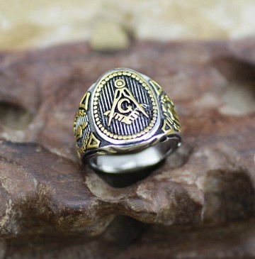 共濟會指環 歐美男戒指 鍍18k金宗教鈦鋼戒子 男扳指免費刻字