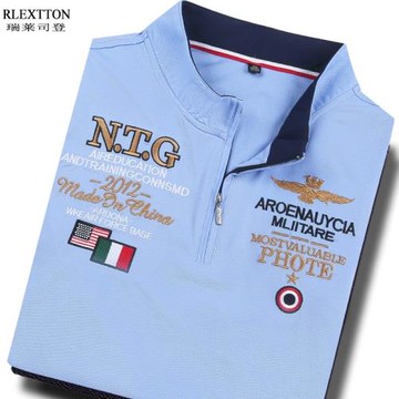 高端男裝拉鏈T恤男短袖立領POLO衫刺繡絲光棉天藍淺藍色上衣夏季