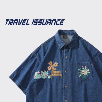 TRAVEL ISSUANCE 鮮花綻放 原宿日系花朵刺繡小眾溫柔牛仔襯衫夏