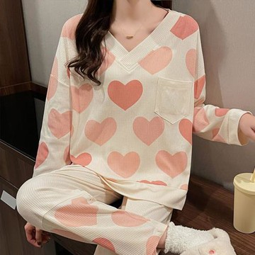 春秋睡衣女2022年新款V領長袖簡約可愛少女卡通家居服甜美兩件套